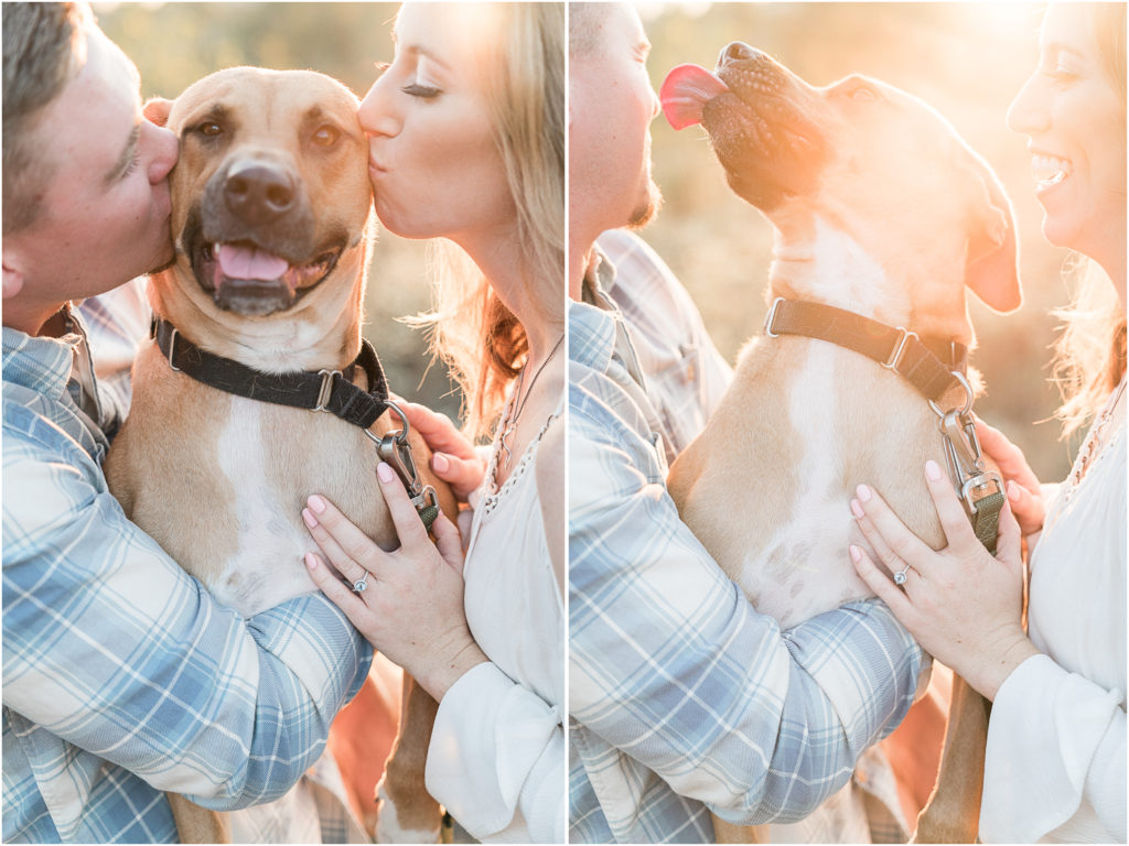 charlotte engagement photography shot of couple kissing dog