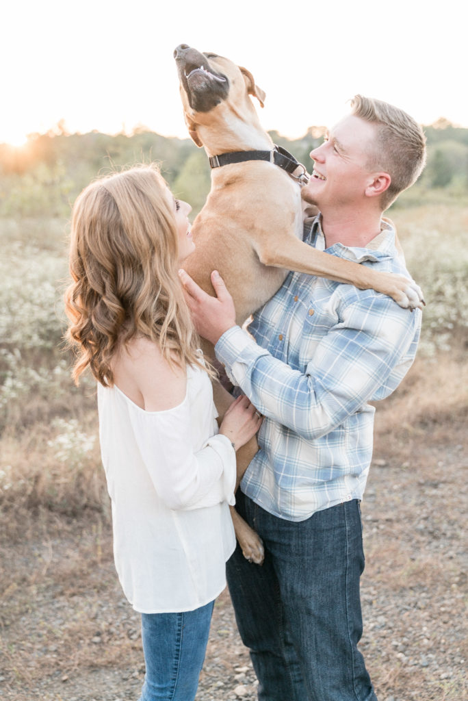 charlotte engagement photography shot of couple laughing at dog