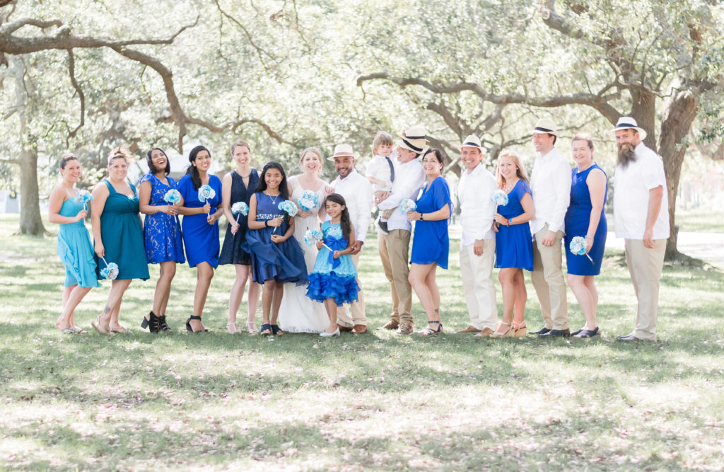 charleston wedding photographer shot of entire bridal party in battery park