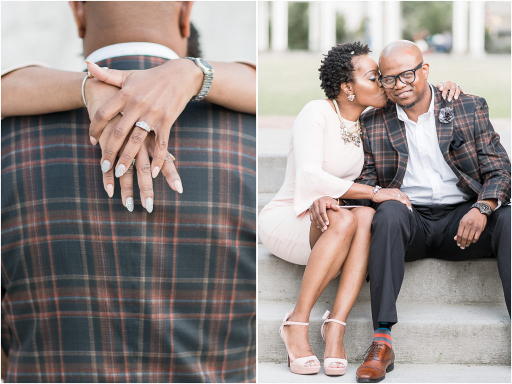 engagement photographer in charlotte capturing couple in romare bearden park with diamond ring and on stairs