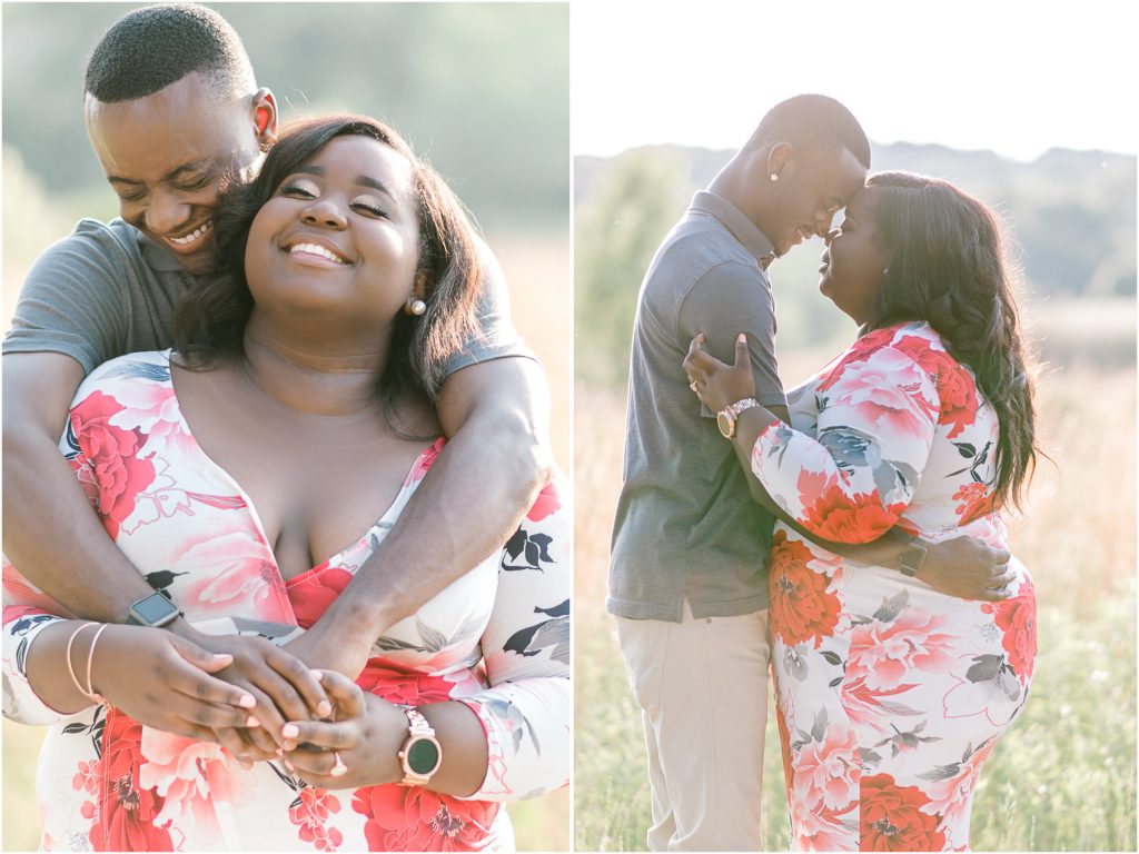 Charlotte NC Engagement Photographer couple in south charlotte field sunset golden hour