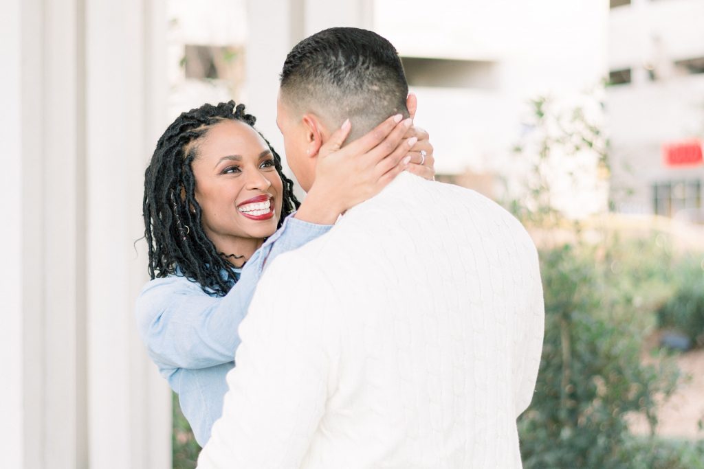 charlotte Engagement Photography Romare Bearden Park candid shot of bride to be smiling