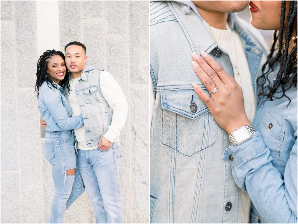 charlotte Engagement Photography Romare Bearden Park diamond ring in front of the water fountain