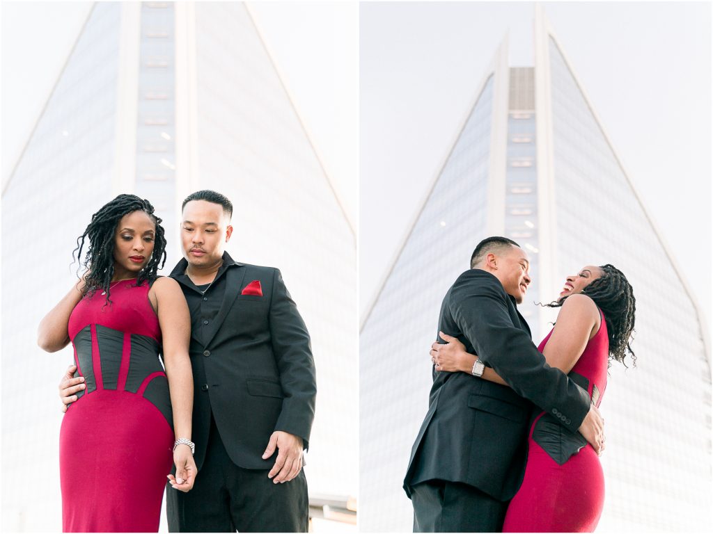 charlotte Engagement Photography Romare Bearden Park couple on rooftop apartments in front of duke energy building uptown