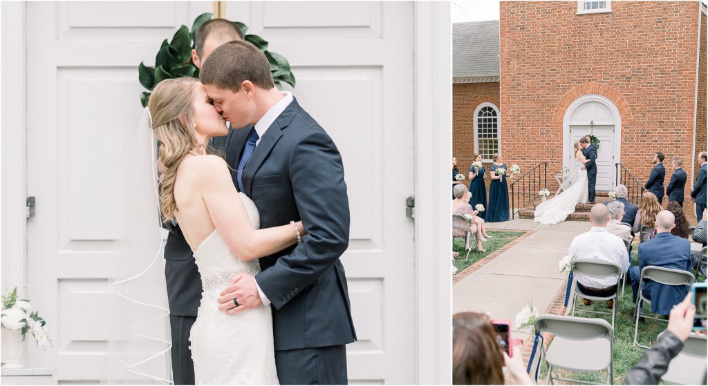 Wedding Photographer in Charlotte NC South Park Forrest Hill Church bride and groom first kiss in front of brick church