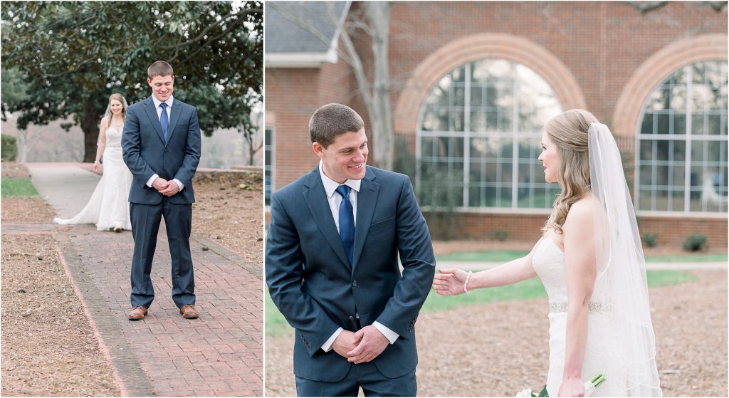 Wedding Photographer in Charlotte NC South Park Forrest Hill Church bride walks down brick path for first look