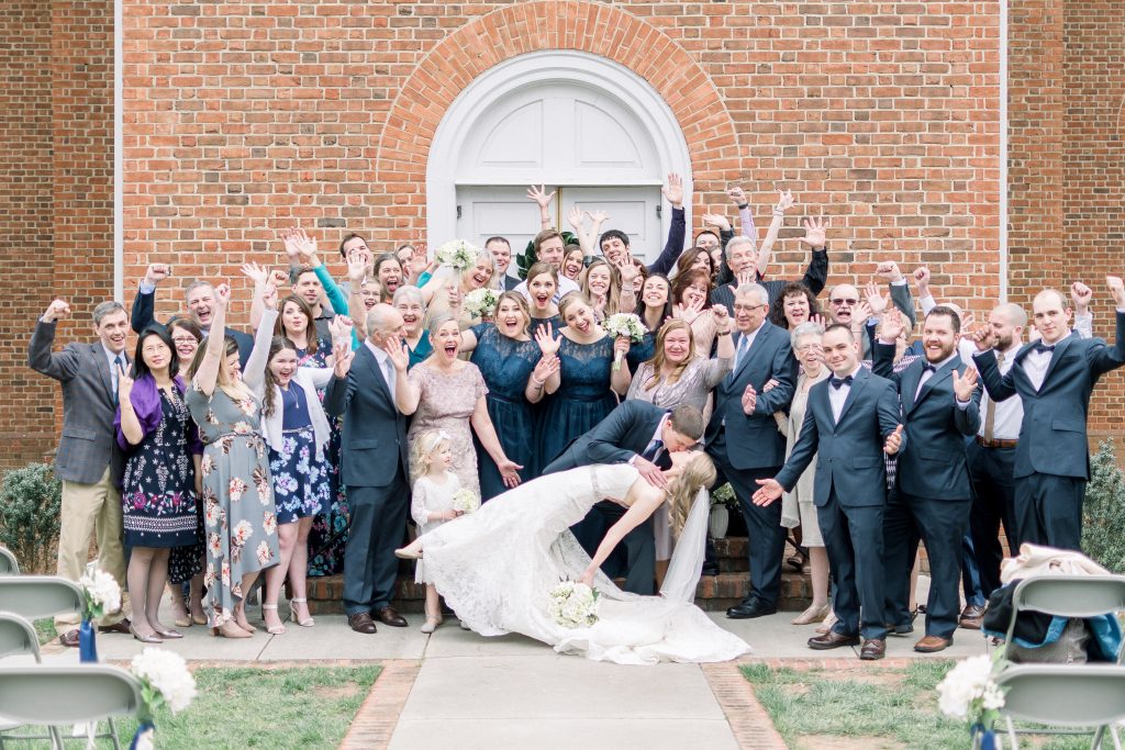 Wedding Photographer in Charlotte NC South Park Forrest Hill Church entire wedding party and guest formal portrait