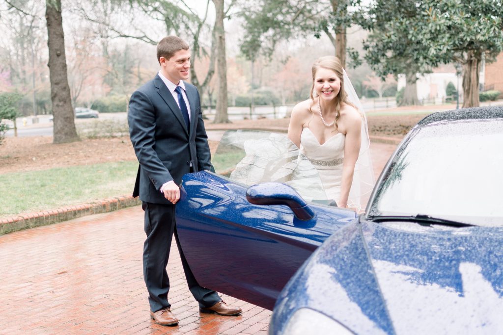 Wedding Photographer in Charlotte NC South Park Forrest Hill Church groom opens corvette door for bride