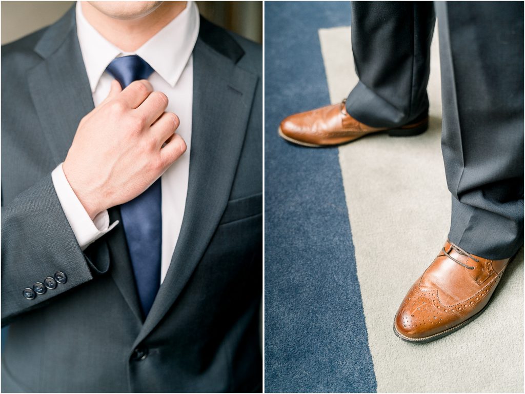 Wedding Photographer in Charlotte NC South Park Forrest Hill Church groom tie and brown leather shoes with blue gray suit