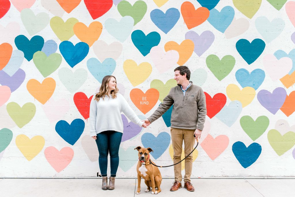 South End Charlotte Dog Engagement Photo Confetti Hearts Wall