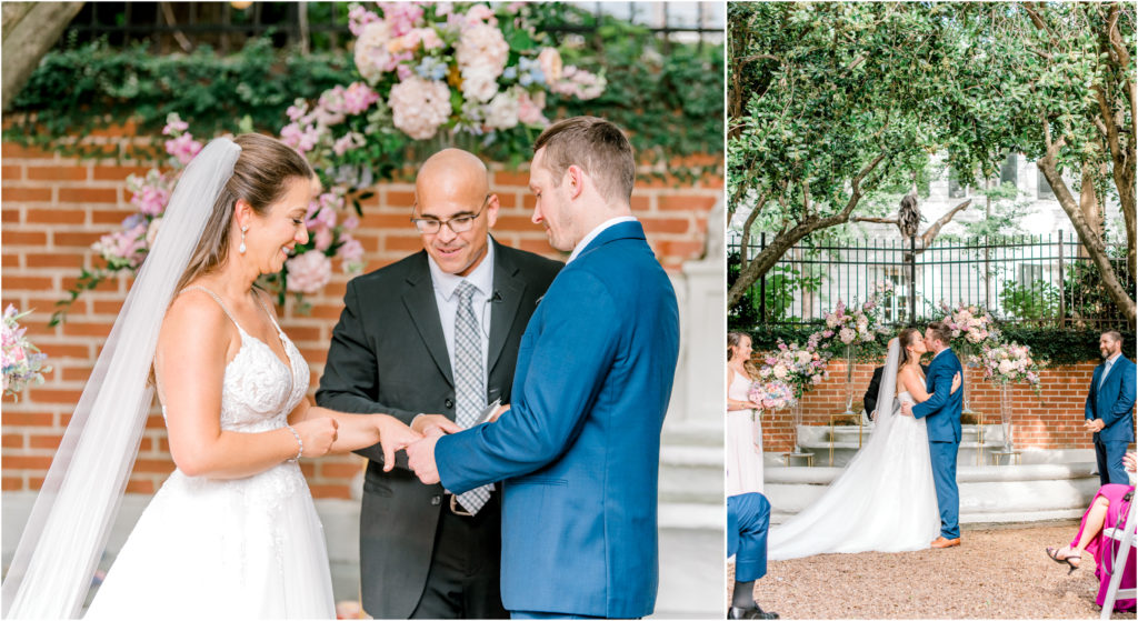 exchanging rings and first kiss Duke Mansion Wedding Ceremony