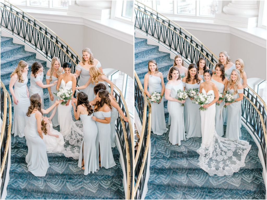 Ballantyne Hotel staircase portraits with bridesmaids
