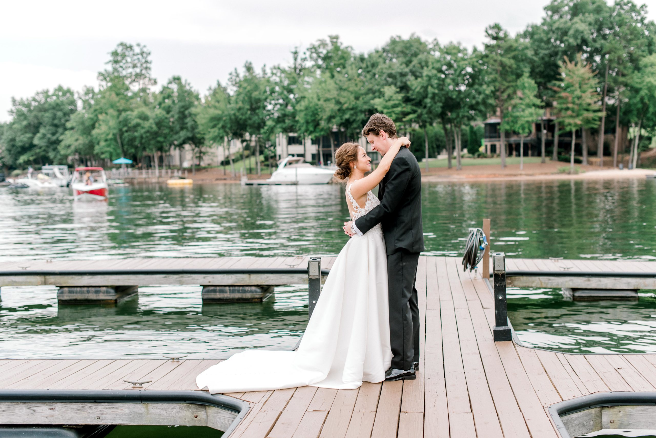 bride and groom on dock