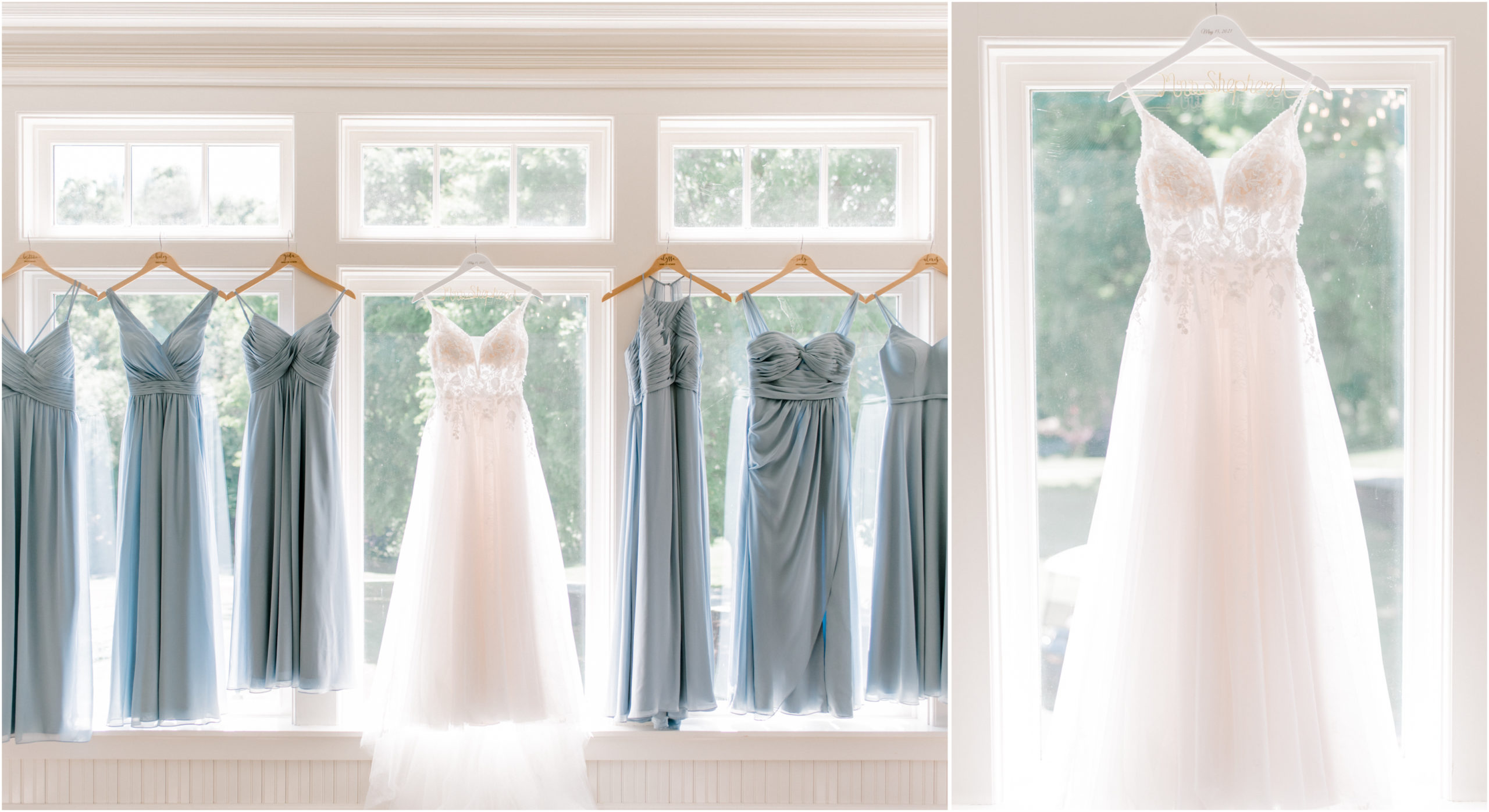 wedding dress with blue bridesmaid dresses